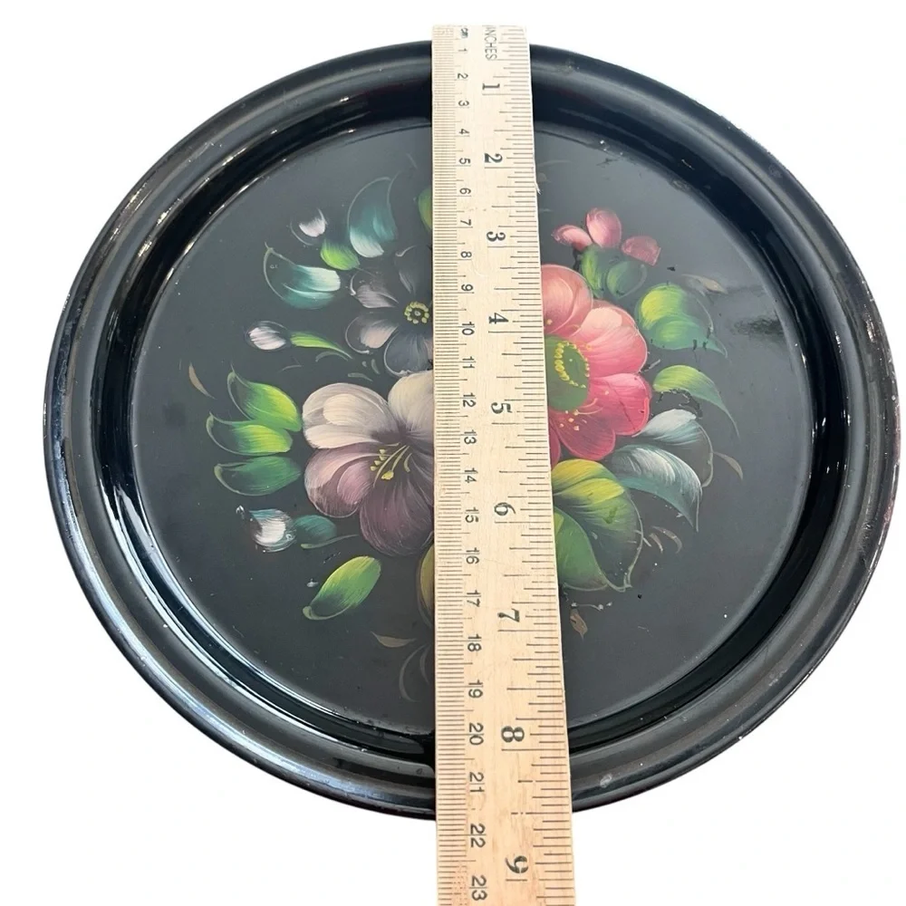 Vintage Russian Floral Decorative Tole Painted Floral Metal Plates Folk Art
